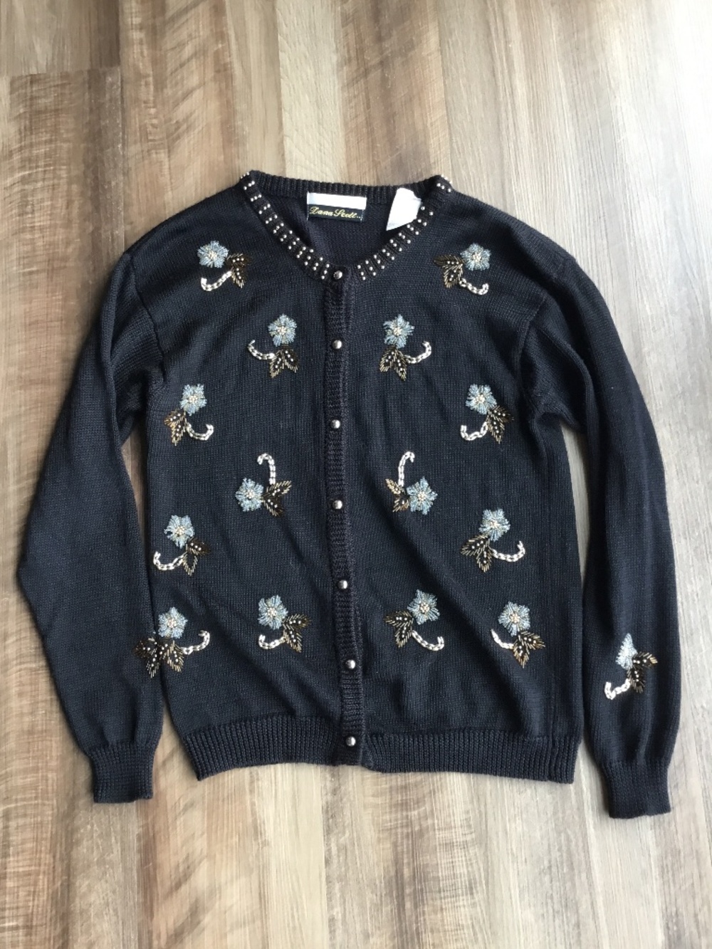 Vintage Dana Scott Black Floral Beaded Cardigan Sweater
